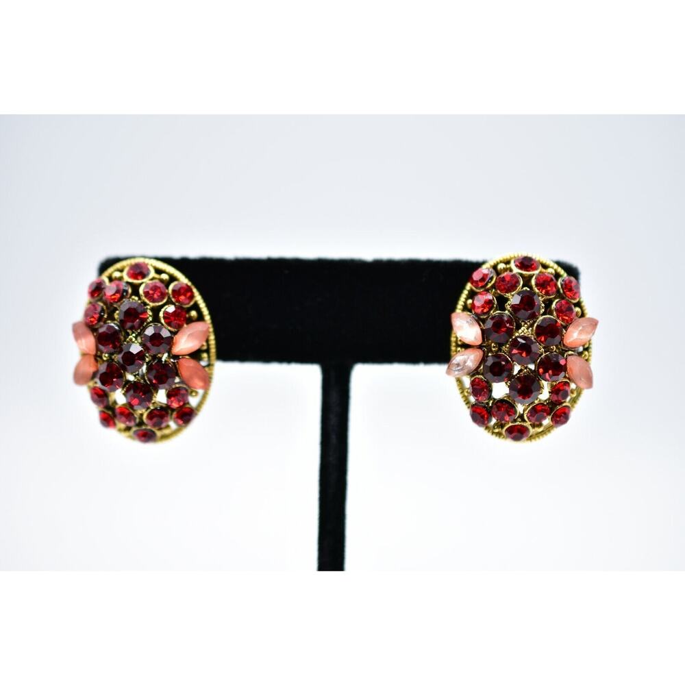 HOM Vintage Cabochon Earrings Red Rhinestone Crystal Jeweled Gold Signed Bin4